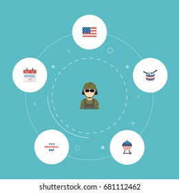 Flat Icons History, Military Man, Barbecue And Other Vector Elements. Set Of Day Flat Icons Symbols Also Includes Flag, Memorial, Bbq Objects.