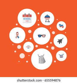 Flat Icons History, Musical Instrument, Ribbon And Other Vector Elements. Set Of Day Flat Icons Symbols Also Includes Spectacles, Glasses, Memorial Objects.