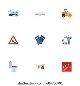 Flat Icons Hoisting Machine, Handcart, Mitten Vector Elements. Set Of Construction Symbols Also Includes Crane, Plumbing, Handcart Objects.