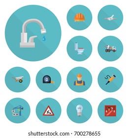 Flat Icons Hoisting Machine, Worker, Bulb And Other Vector Elements. Set Of Industry Flat Icons Symbols Also Includes Pipeline, Hardhat, Workman Objects.
