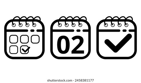 Flat icons of hollow calendars on white background, Black calendar icon with specific day marking day 02.