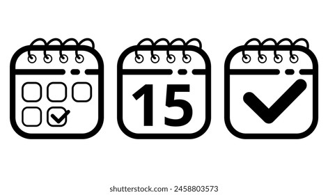Flat icons of hollow calendars on white background, Black calendar icon with specific day marking day 15.