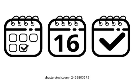 Flat icons of hollow calendars on white background, Black calendar icon with specific day marking day 16.