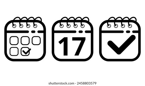 Flat icons of hollow calendars on white background, Black calendar icon with specific day marking day 17.
