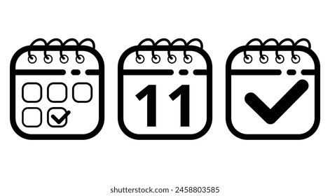 Flat icons of hollow calendars on white background, Black calendar icon with specific day marking day 11.