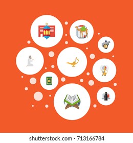 Flat Icons Holy Book, Dromedary, Genie And Other Vector Elements. Set Of Religion Flat Icons Symbols Also Includes Lantern, Namaz, Artillery Objects.