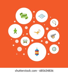 Flat Icons Holy Book, Malay, Ramadan Kareem And Other Vector Elements. Set Of Holiday Flat Icons Symbols Also Includes Book, Poster, Ordnance Objects.