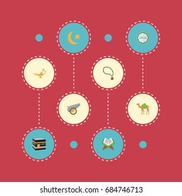 Flat Icons Holy Book, Mecca, Bead And Other Vector Elements. Set Of Religion Flat Icons Symbols Also Includes Lamp, Cannon, Mecca Objects.