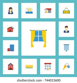 Flat Icons Home, Woman Realtor, Trinket And Other Vector Elements. Set Of Immovable Flat Icons Symbols Also Includes Mortgage, Fence, Realtor Objects.