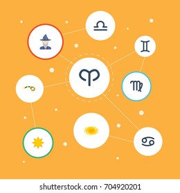 Flat Icons Horoscope, Augur, Virgin And Other Vector Elements. Set Of Galaxy Flat Icons Symbols Also Includes Deva, Sun, Constellation Objects.
