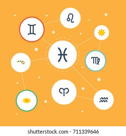 Flat Icons Horoscope, Twins, Space And Other Vector Elements. Set Of Galaxy Flat Icons Symbols Also Includes Zodiac, Leo, Pisces Objects.