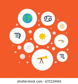 Flat Icons Horoscope, Virgin, Solar And Other Vector Elements. Set Of Galaxy Flat Icons Symbols Also Includes Sun, Satellite, Crab Objects.