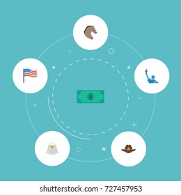 Flat Icons Horse, America, Freedom Monument And Other Vector Elements. Set Of Usa Flat Icons Symbols Also Includes Flag, Money, America Objects.