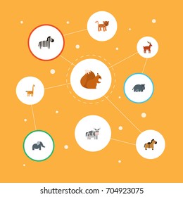 Flat Icons Horse, Hippopotamus, Chipmunk And Other Vector Elements. Set Of Zoo Flat Icons Symbols Also Includes Squirrel, Hippo, Kine Objects.