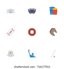 Flat Icons Horse, Indian Mascot, Doughnut And Other Vector Elements. Set Of Usa Flat Icons Symbols Also Includes Government, Football, Drink Objects.