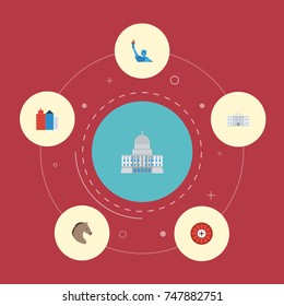 Flat Icons Horse, Roulette, White House And Other Vector Elements. Set Of Usa Flat Icons Symbols Also Includes Mustang, White, York Objects.