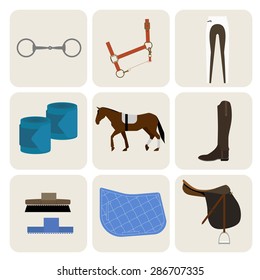 Flat icons of horseback riding equipment on gray squares with rounded corners.