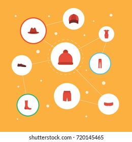 Flat Icons Hosiery, Pants, Man Footwear And Other Vector Elements. Set Of Dress Flat Icons Symbols Also Includes Shorts, Cap, Baseball Objects.