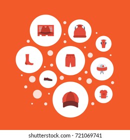 Flat Icons Hosiery, Sundress, Shorts And Other Vector Elements. Set Of Clothes Flat Icons Symbols Also Includes Dress, Evening, T-Shirt Objects.