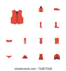 Flat Icons Hosiery, Sweatshirt, Evening Dress And Other Vector Elements. Set Of Garment Flat Icons Symbols Also Includes Fashion, Boots, Vest Objects.