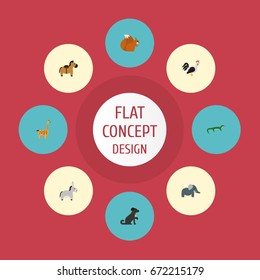 Flat Icons Hound, Rooster, Jackass And Other Vector Elements. Set Of Zoo Flat Icons Symbols Also Includes Nut, Gecko, Camelopard Objects.