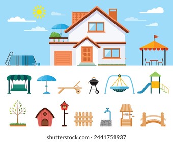 Flat icons of house and and home and garden equipment. Set of various gardening items. 
