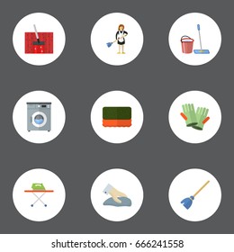 Flat Icons Housekeeping, Carpet Vacuuming, Mopping And Other Vector Elements. Set Of Cleaning Flat Icons Symbols Also Includes Whisk, Gloves, Vacuuming Objects.