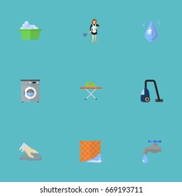 Flat Icons Housekeeping, Housewife, Washcloth And Other Vector Elements. Set Of Cleaning Flat Icons Symbols Also Includes Cloth, Towel, Washing Objects.