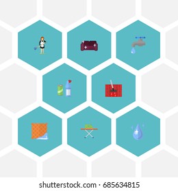 Flat Icons Housewife, Aqua, Sofa And Other Vector Elements. Set Of Hygiene Flat Icons Symbols Also Includes Housekeeping, Sofa, Detergent Objects.
