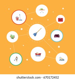 Flat Icons Housewife, Housekeeping, Clothes Washing And Other Vector Elements. Set Of Hygiene Flat Icons Symbols Also Includes Vacuuming, Broom, Whisk Objects.