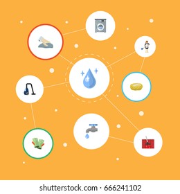 Flat Icons Housewife, Towel, Laundromat And Other Vector Elements. Set Of Hygiene Flat Icons Symbols Also Includes Housekeeping, Wisp, Carpet Objects.