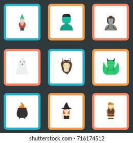 Flat Icons Huge Man, Dinosaur, Halloween And Other Vector Elements. Set Of Cartoon Flat Icons Symbols Also Includes Fire, Gnome, Giant Objects.