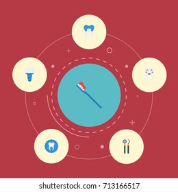 Flat Icons Hygiene, Enamel, Dental Crown And Other Vector Elements. Set Of Enamel Flat Icons Symbols Also Includes Teeth, Seal, Probe Objects.
