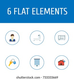 Flat Icons Hypothec, Bathroom, Broker And Other Vector Elements. Set Of Property Flat Icons Symbols Also Includes Trinket, Man, Blueprint Objects.