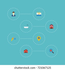 Flat Icons Hypothec, Pin, Magnifier And Other Vector Elements. Set Of Immovable Flat Icons Symbols Also Includes Hypothecation, Home, Mortgage Objects.