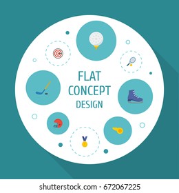 Flat Icons Ice Boot, Puck, Reward And Other Vector Elements. Set Of Activity Flat Icons Symbols Also Includes Blower, Darts, Hockey Objects.