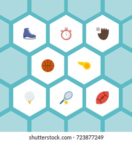 Flat Icons Ice Boot, Rocket, American Football And Other Vector Elements. Set Of Activity Flat Icons Symbols Also Includes Rocket, Rugby, Blower Objects.