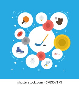 Flat Icons Ice Boot, Shoes, American Football And Other Vector Elements. Set Of Fitness Flat Icons Symbols Also Includes Trekking, Skates, Kimono Objects.