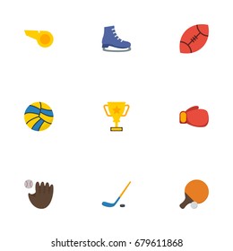 Flat Icons Ice Boot, Table Tennis, Boxing And Other Vector Elements. Set Of Sport Flat Icons Symbols Also Includes Pong, Ping, Trophy Objects.