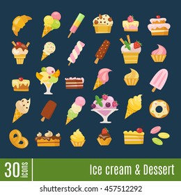 Flat icons in Ice Cream and Dessert info-graphic icons set. Ice cream and sweets vector icons. Summer flat style food icons. 