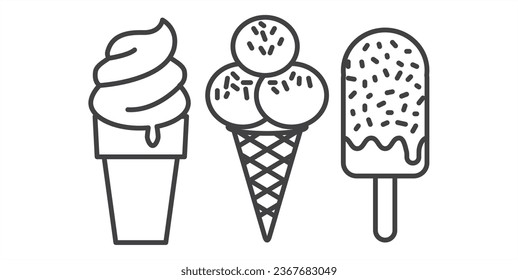 Flat icons of ice cream, Junk Food Icon vector illustration in simple line art design isolated on white background. Flat style of fast food icon,