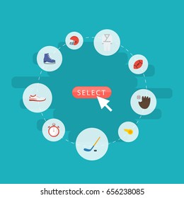 Flat Icons Ice, Rugby, Puck And Other Vector Elements. Set Of Sport Flat Icons Symbols Also Includes Karate, Stopwatch, Helmet Objects.