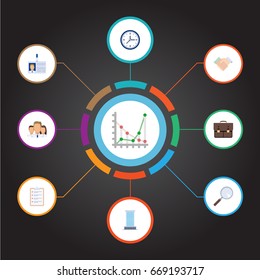 Flat Icons Id Card, Clock, Task List And Other Vector Elements. Set Of Business Flat Icons Symbols Also Includes Loupe, Badge, Card Objects.