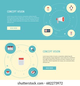 Flat Icons Id, Man With Banner, Market And Other Vector Elements. Set Of Advertising Flat Icons Symbols Also Includes Email, Monitoring, Marketing Objects.