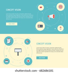 Flat Icons Id, Monitoring, Placard And Other Vector Elements. Set Of Marketing Flat Icons Symbols Also Includes Stand, Message, Bullhorn Objects.