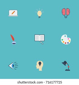Flat Icons Idea, Eye, Artist And Other Vector Elements. Set Of Constructive Flat Icons Symbols Also Includes Light, Table, Pen Objects.