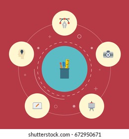 Flat Icons Idea, Writing, Case And Other Vector Elements. Set Of Constructive Flat Icons Symbols Also Includes Pencil, Tools, Camera Objects.