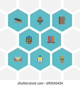 Flat Icons Identification, Armchair, Pen Holder And Other Vector Elements. Set Of Bureau Flat Icons Symbols Also Includes Contact, Armchair, Puncher Objects.