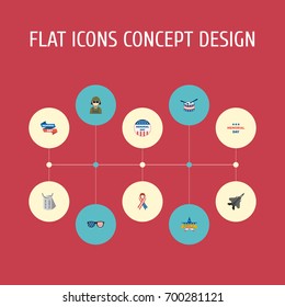 Flat Icons Identity, Aircraft, Awareness And Other Vector Elements. Set Of Memorial Flat Icons Symbols Also Includes Plane, Spectacles, Man Objects.