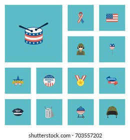 Flat Icons Identity, Medallion, American Banner And Other Vector Elements. Set Of History Flat Icons Symbols Also Includes Memorial, Awareness, American Objects.